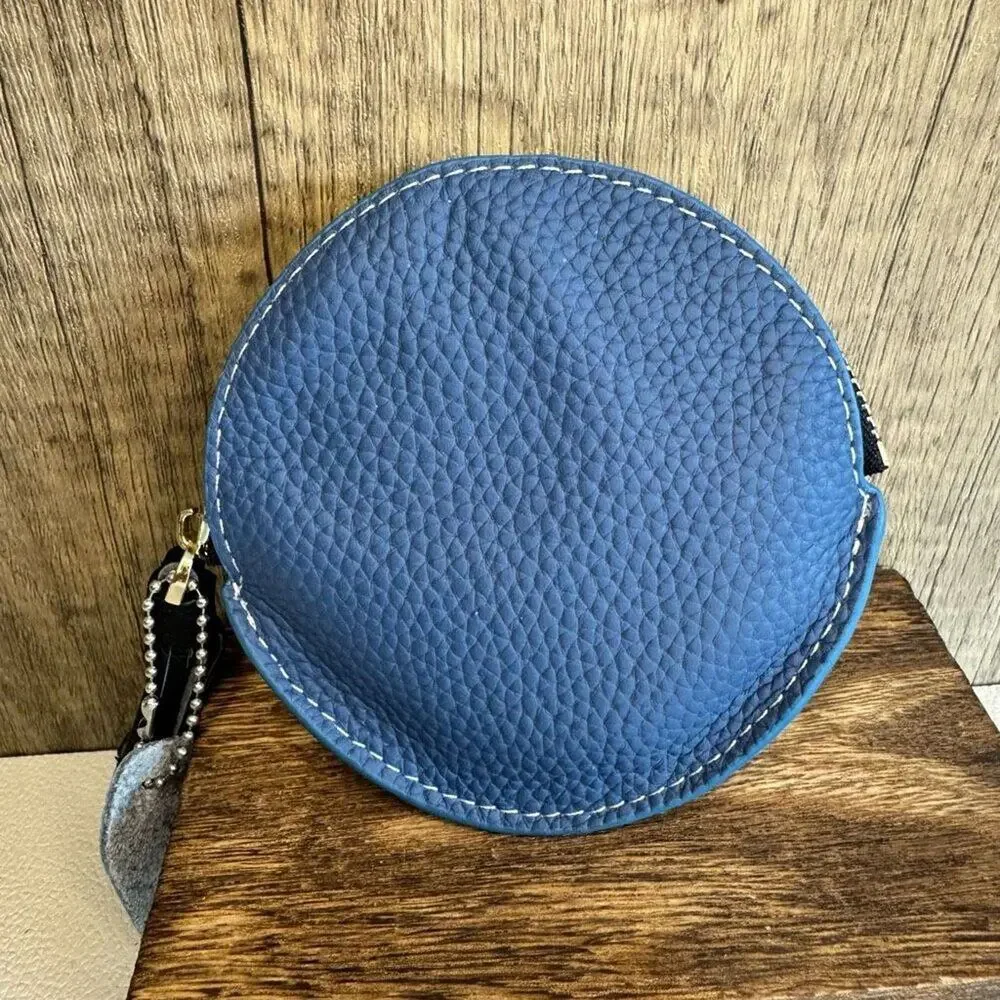 4 inch Round Blue Coin Purse Leather Wallet Key Holder Purse Charm New FAST SHIP